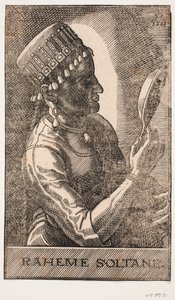 Portret van een sultane, spiegelend, profiel naar rechts: RAHEME SOLTANE door Melchior Lorck