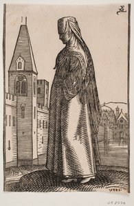 Gesluierde, Wandelende Vrouw, Profiel naar Links; Voor Haar Verrijst een Stadsmuur met Torens uit het Water door Melchior Lorck