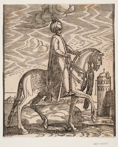Ruiter met tulband, met knuppel aan de rechterkant van het paard; profiel naar rechts; aan de rechterkant van het beeld een muur met een poort en een ronde toren door Melchior Lorck