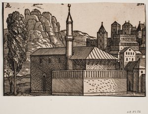 Ongeïdentificeerde moskee met 1 minaret, links hooge boom door Melchior Lorck