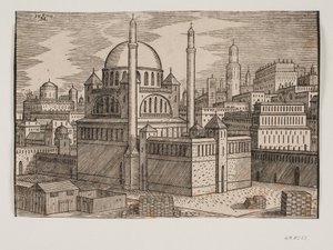 Ongeïdentificeerde moskee met 2 minaretten, gezien vanuit het noordoosten; op de voorgrond bouwplaats met gestapelde bouwstenen door Melchior Lorck