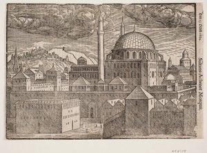 Ongeïdentificeerde moskee met 2 minaretten, gezien vanuit het zuidoosten; links een berg met versterkte stad