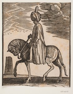 Ongewapende ruiter met tulband, profiel naar links; voor het paard een obelisk in ruïnes door Melchior Lorck
