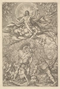 Opstanding van Christus, omgeven door een aureool en wolken met rijen gevleugelde putti, 1577 door Melchior Meier