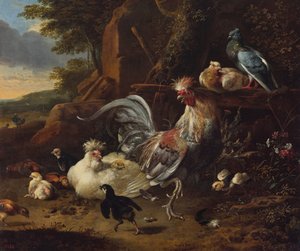 Hanen, kippen en ander gevogelte in een tuin door Melchior d