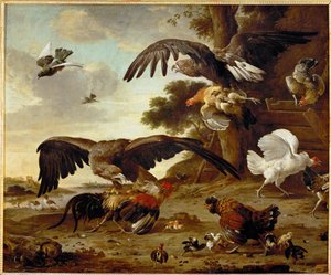 Adelaars vallen kippen aan ... door Melchior de (manner of) Hondecoeter