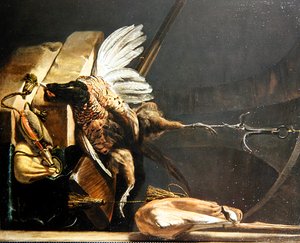 Een Stilleven van een Dode Fazant die aan een Haak Hangt door Melchior de Hondecoeter