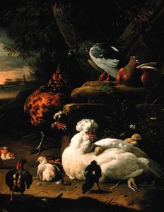 Een hen met kuikens, een haan en duiven in een landschap