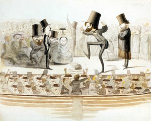 Giuseppe Verdi (1813-1901), Italiaanse componist met herhalingen van “Un ballo in maschera” (Un Bal masque) met tenor Fraschini en sopraan Fioretti. Cartoon door Melchiorre Delfico. Milanese.