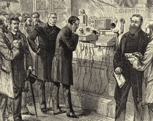 Opening van de Anglo-Engelse telefoonlijn. Het eerste telefoongesprek van Londen naar Parijs in het General Post Office, Londen. Bell-instrumenten werden gebruikt aan de Londense kant. Houtsnede Parijs 28 maart 1891. Gravure. door Melton (after) Prior