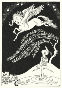 Pegasus kwam naar beneden, in wijde cirkels (kleur litho)