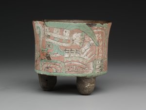 Cilindrisch driepootvat met twee figuren met bril, ca. 400-650 n.Chr.