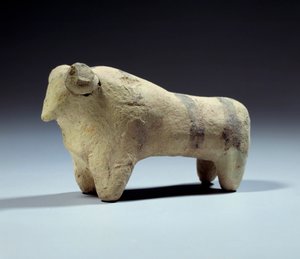 Mesopotamië: terracotta stierbeeldje met geschilderde strepen. Obeid Periode (5000-4000 v.Chr.) 4700-4200 v.Chr. Parijs, Louvre Museum