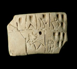 Mesopotamië: kleitablet met rekeningen in spijkerschrift. Uit de tempel van Eanna gewijd aan de godin Inanna in Uruk door Mesopotamian School
