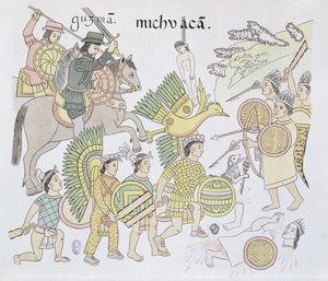 Slag bij Michoacan tussen de Spanjaarden en de Azteken, illustratie uit een facsimile van een Mexicaanse Indiaanse geschiedenistekening Lienzo de Tlaxcala, ca. 1550, 1892