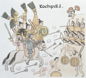 Slag bij Xochipilla tussen de Spanjaarden en de Azteken, illustratie uit een facsimile van een Mexicaanse Indiaanse geschiedenisschildering Lienzo de Tlaxcala, ca. 1550, 1892