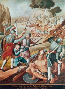 De verovering van Mexico: gevecht tussen Hernando Cortes en de indianen van Tabasco in 1519