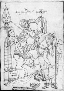 Cortes te paard, staande over de verslagen Azteekse koning Moctezuma, illustratie uit Historia de Tlaxcala door Diego Munoz Camargo