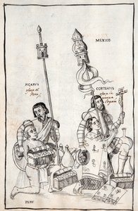 Picarus (Pizarro) presenteert Peru en Cortesius (Cortes) Nueva Espana, illustratie uit Historia de Tlaxcala door Diego Munoz Camargo door Mexican School