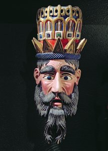Masker van een koning magiër gebruikt in processies om het feest van Driekoningen in Mexico op 6 januari te vieren (beschilderd hout)