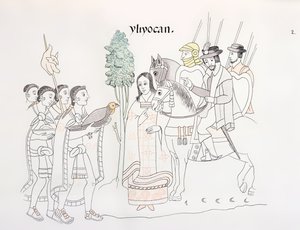 Ontmoeting van Hernando Cortes en de Azteken, illustratie uit een facsimile van een Mexicaanse Indiaanse geschiedenisschildering Lienzo de Tlaxcala, ca. 1550, 1892 door Mexican School