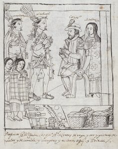 Montezuma ontmoet Cortez, uit Historia de Tlaxcala door Diego Munoz Camargo door Mexican School