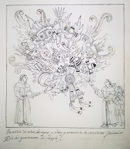 Franciscaanse monniken verbranden traditionele boeken en kleding, uit Historia de Tlaxcala door Diego Munoz Camargo door Mexican School