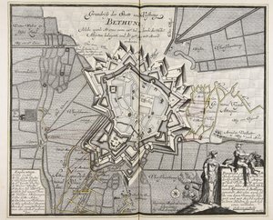 Plattegrond van de stad en het fort Bethune, dat vanaf 14 juli 1710 door de Hoge All¨yrten werd belegerd en op 30 aug. 1710 werd veroverd. Iul. door de Hoge All¨yrten en veroverd op 30 aug. Aug. met Accord veroverd / Ingenieur Meyer ad vivum delineavit. door Meyer