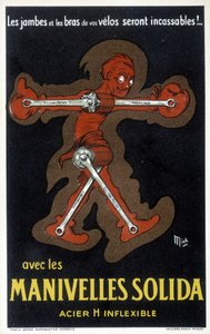 Reclame voor Velo krukken gemaakt van massief staal. Tekening door Mich (Michel Liebeaux)