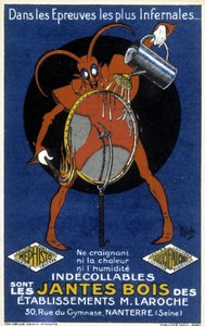Rode duivel voor een fietswiel ter illustratie van een advertentie voor de houten velgen van Laroche (Nanterre) vestigingen (gravure)
