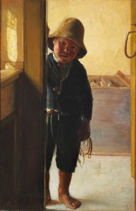 De zoon van een visser kijkt door een deuropening. door Michael Peter Ancher