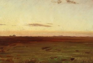 Uitzicht op weiland en duinen in de avondzon. door Michael Peter Ancher