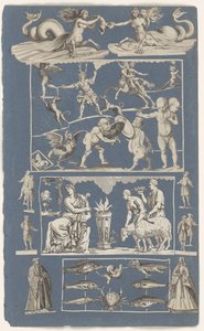 Collage van uitgeknipte prenten geplakt op albumblad van blauw papier