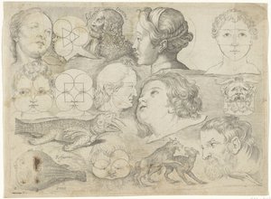 Studieblad met tekenvoorbeelden: figuren, dieren etc. door Michael Snijders