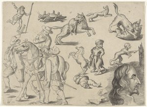 Studieblad met tekenvoorbeelden: figuren en dieren door Michael Snijders