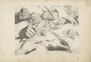 Studieblad met tekenvoorbeelden: handen en portret van Hendrick Goltzius door Michael Snijders