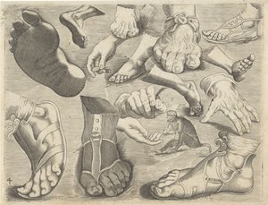 Studieblad met tekenvoorbeelden: handen, voeten en een aapje door Michael Snijders