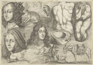 Studieblad met tekenvoorbeelden: koppen, dieren, figuren