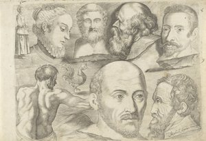 Studieblad met tekenvoorbeelden: staande figuur, haan en koppen door Michael Snijders