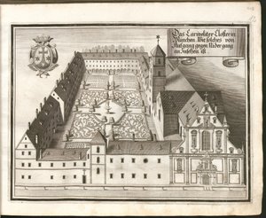 Duits: Het karmelietenklooster in München, gezien vanuit het noorden naar het oosten