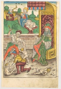 Bethlehemitischer Kindermord [Vordergrund] und Flucht nach Ägypten [Hintergrund]