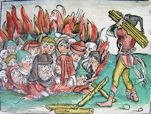 Verbranding van de Joden in Deggendorf in 1338 uit de Schedels Wereldkroniek, 1493 door Michael Wolgemut