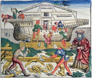 De Bouw van de Ark van Noach, uit de Neurenberg Kroniek door Hartmann Schedel, 1493 door Michael Wolgemut