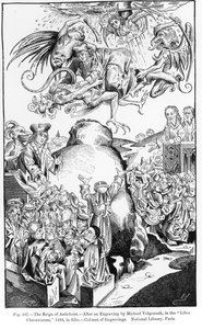 De heerschappij van de Antichrist, uit de Liber Chronicarum, gepubliceerd in 1493, illustratie uit Science and Literature in the Middle Ages and Renaissance, geschreven en gegraveerd door Paul Lacroix, 1878