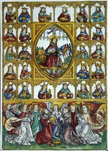 Jezus omringd door de Symbolen van de Vier Evangelisten en vele koningen met harpen en gouden bekers door Michael Wolgemut or Wolgemuth
