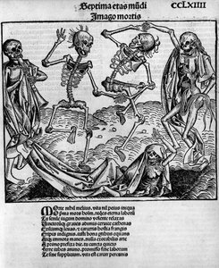 Macabere dansscène, met skeletten, - in 