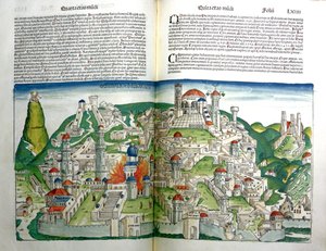 De opstandige stad Jeruzalem vernietigd door keizer Titus, uit de Neurenberg Kroniek door Hartmann Schedel, gedrukt in 1493 door Michael and Pleydenwurff, W. Wolgemuth