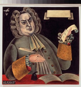 Portret van componist Johann Sebastian Bach (1685-1750). Werk van Mikhail Mikhailovich Shemiakin (Michel Chemiakin) (geboren in 1943), aquarel en inkt op papier. Russische kunst, 20e eeuw, moderne kunst. Staatskunstgalerij, Lviv (Lvov of Leopol) (Oekraïne)