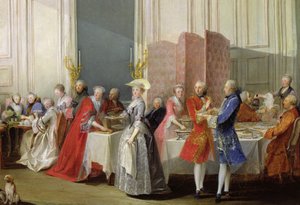 Engelse thee in de Salon des Quatre Glaces in het huis van de Prins de Conti (1717-76) Palais du Temple, detail van de gasten, 1766
