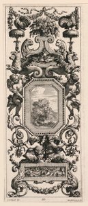 Ornamentpaneel bekroond door een mand met bloemen en een slinger, plaat 10 uit het Boek van Diverse Grotesken geschilderd in het Kabinet en de Baden van de Koningin-Regentes, in het Koninklijk Paleis door Michel Dorigny